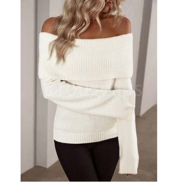Cream Off The Shoulder Fold Over Sweater Pullover Knit Long Sleeve - Picture 10 of 13